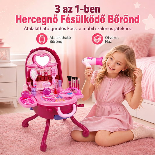👑🎀 50% KEDVEZMÉNY! 3 az 1-ben gyerek szépítőasztal görgős bőrönd készlet – Összecsukható, játék sminkasztal, könnyen szállítható✨