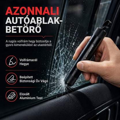 🚗🔨 Kompakt autós vészmentő eszköz – Ablaktörő és biztonsági övvágó egyben, kis helyen is elfér a kocsiban✨